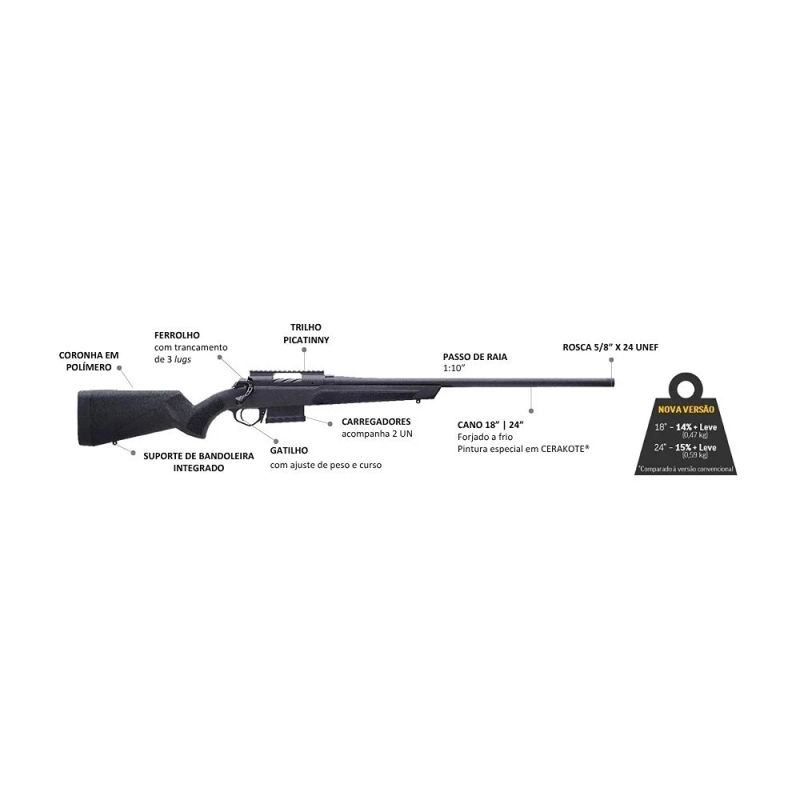 Rifle Ranger CBC 308 Win Bolt Action Polímero Preto Lightweight Cano 18 Pol - Imagem 2